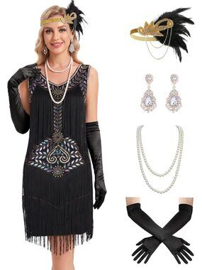 🎃Women's Black Gold Halloween Sleeveless Sequin Fringe Costume Flapper Dresses